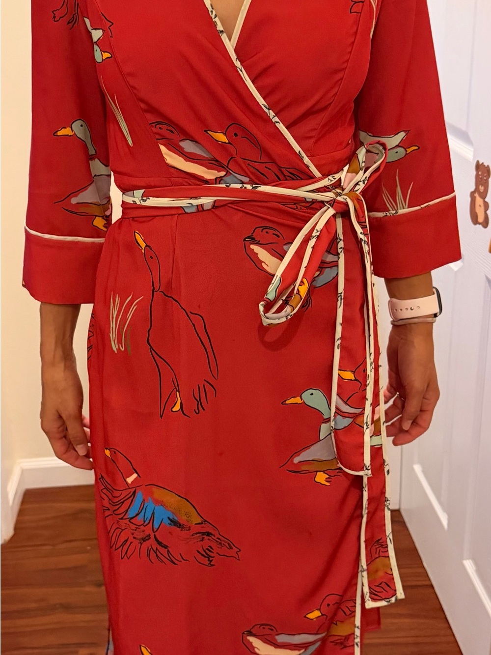 Rachel Antonoff Red Wrap Robe with Bird Print